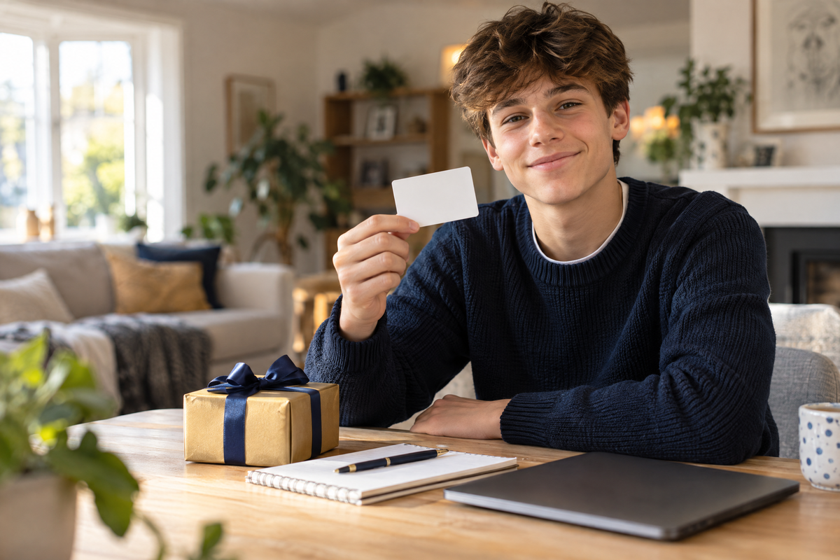 A young person holding a blank gift card at a desk at home, with a small wrapped present beside a laptop.