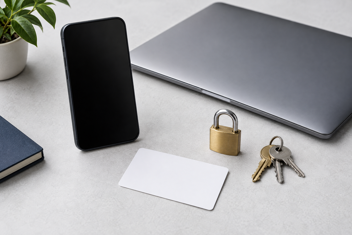 A phone, a closed laptop, a blank gift card, a small padlock and keys arranged on a pale surface.
